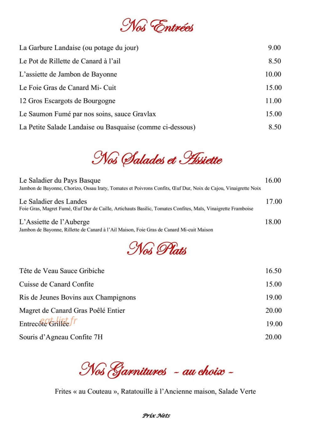 Auberge du Grand Megnos — carte page 3