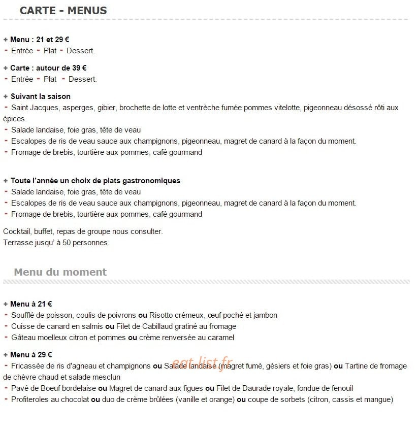 Auberge La Pouillique — carte page 1