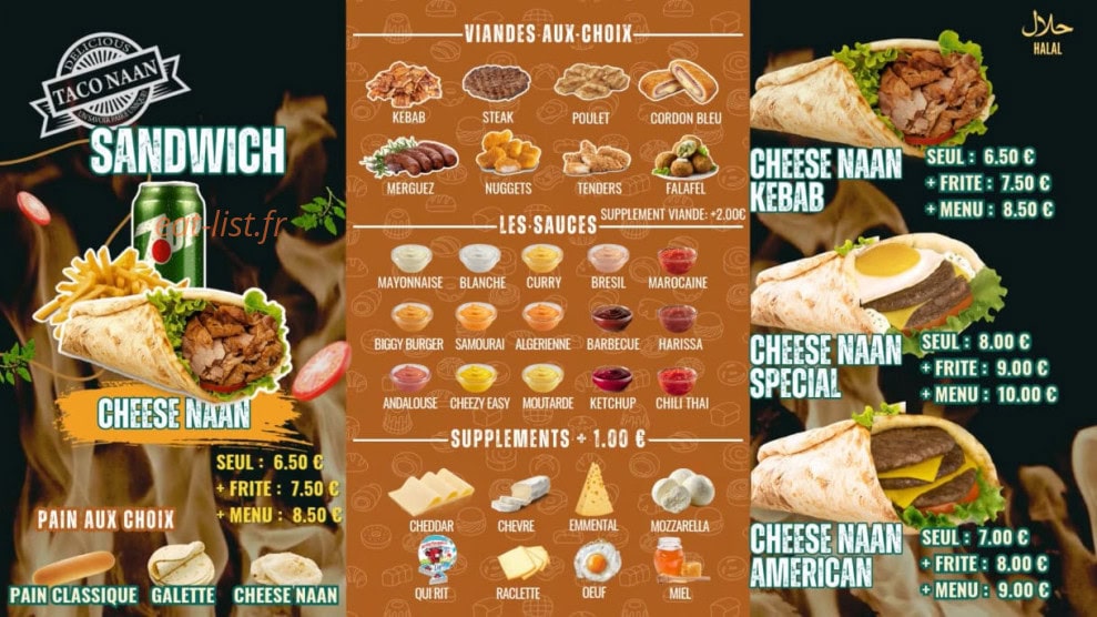Carte et menu de Taco Naan à Dax — Cheese naan