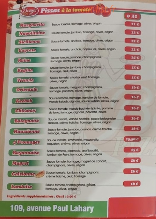 Beny's Pizza — carte page 1