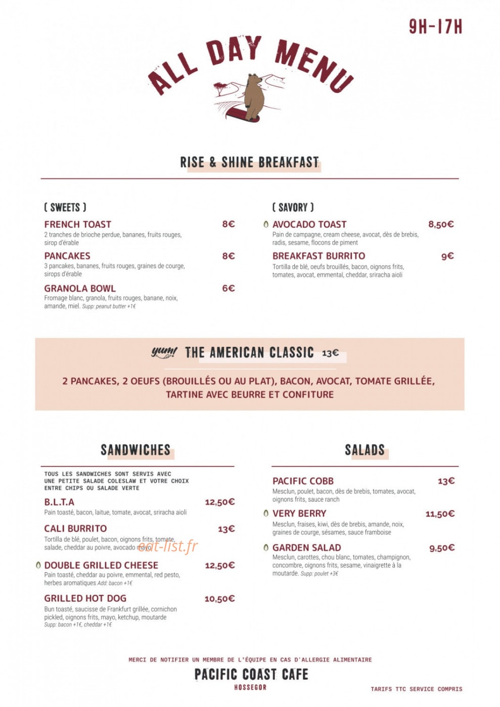 Pacific Coast Café — carte page 1
