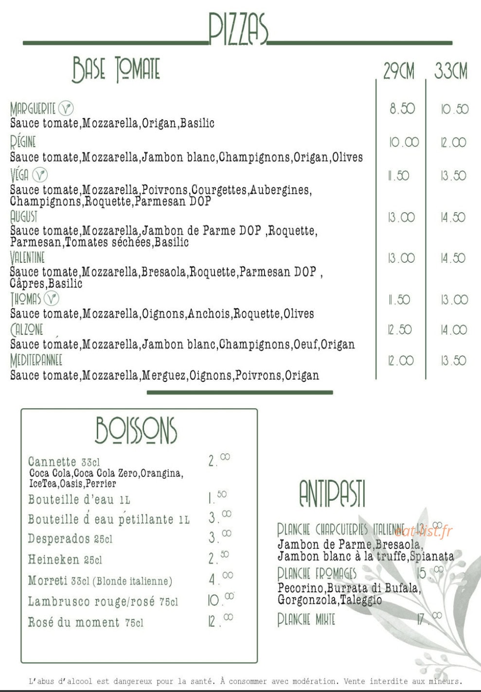Carte et menu de Grazie Trattoria à Parentis en Born — Les pizzas base tomate, antipastis et boissons
