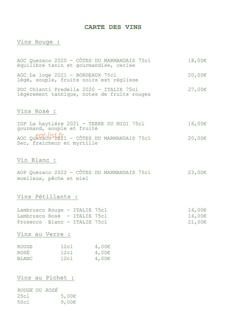 Carte et menu de Grazie Trattoria à Parentis en Born — Carte des vins