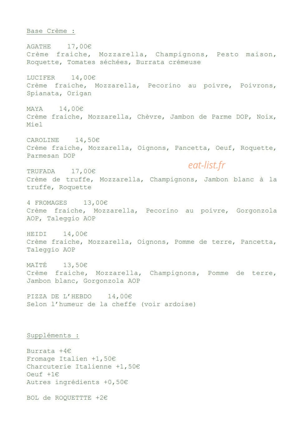 Carte et menu de Grazie Trattoria à Parentis en Born — Les pizzas base crème et suppléments