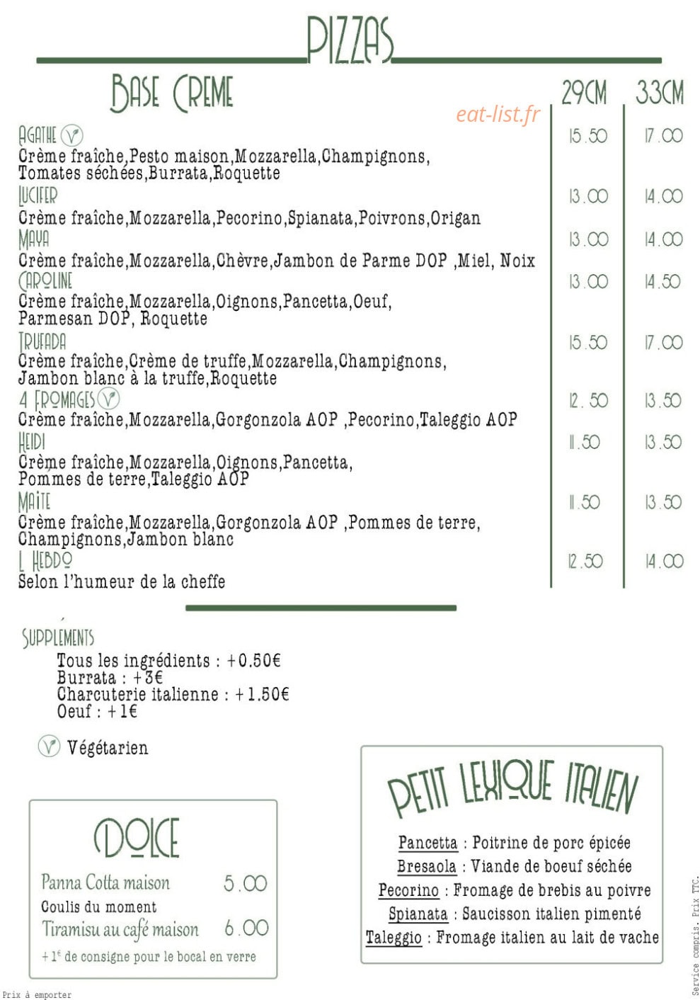 Carte et menu de Grazie Trattoria à Parentis en Born — Les pizzas base crème et desserts
