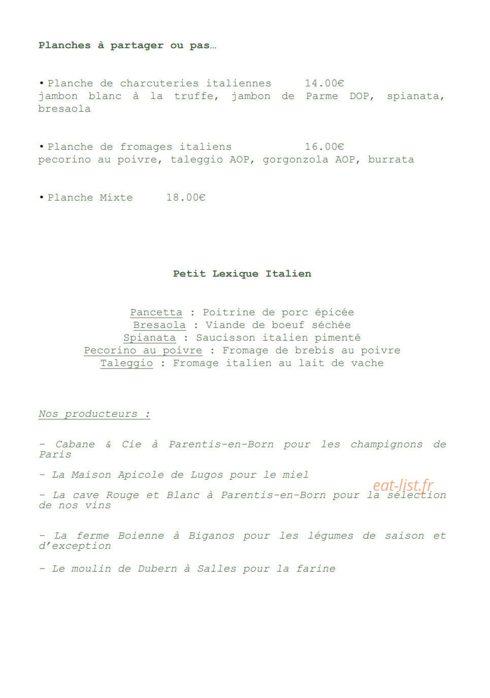 Carte et menu de Grazie Trattoria à Parentis en Born — Planches à partager et petit lexique Italien