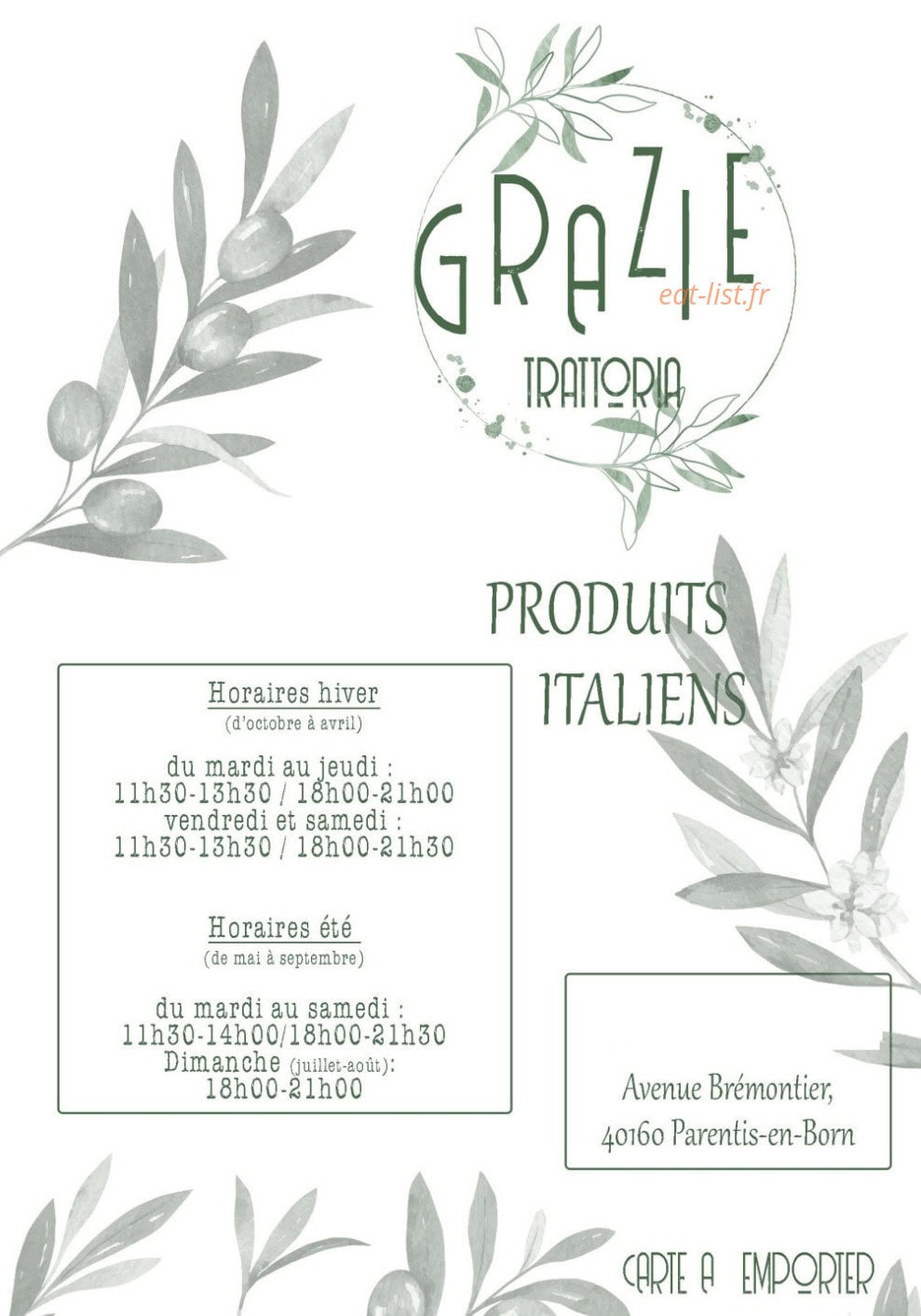 Carte et menu de Grazie Trattoria à Parentis en Born — Carte à emporter