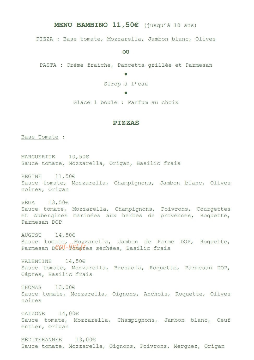 Carte et menu de Grazie Trattoria à Parentis en Born — Menu bambino et pizzas base tomate
