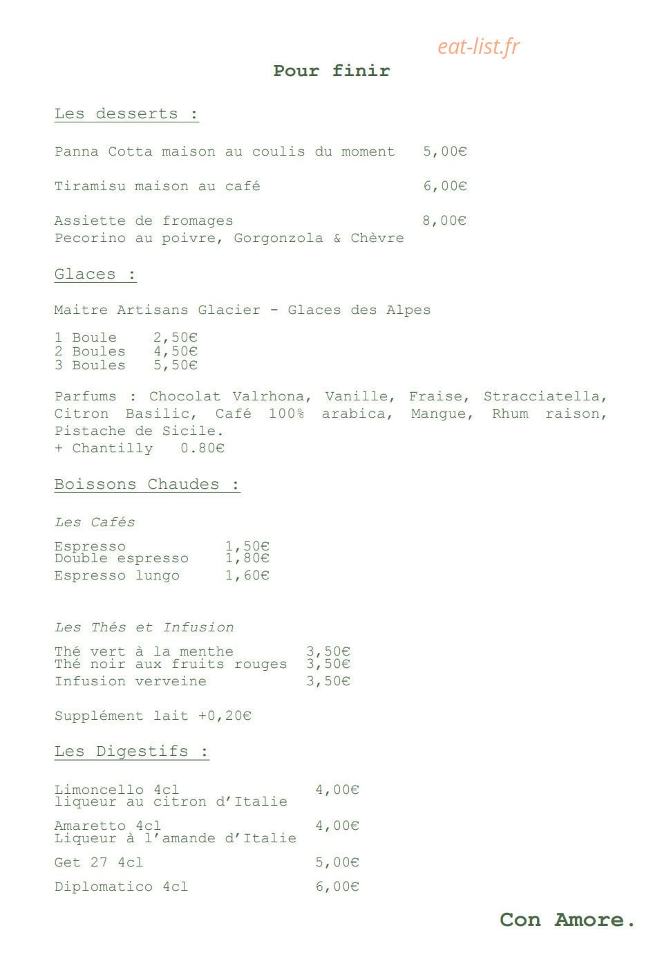 Carte et menu de Grazie Trattoria à Parentis en Born — Les desserts, glaces et boissons chaudes, ...
