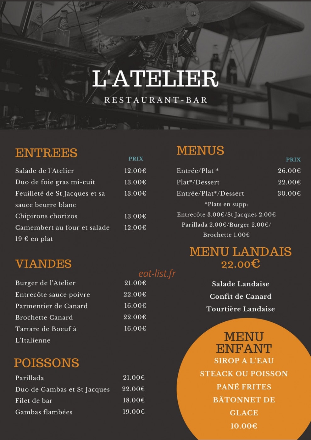 Restaurant l'Atelier — carte page 1