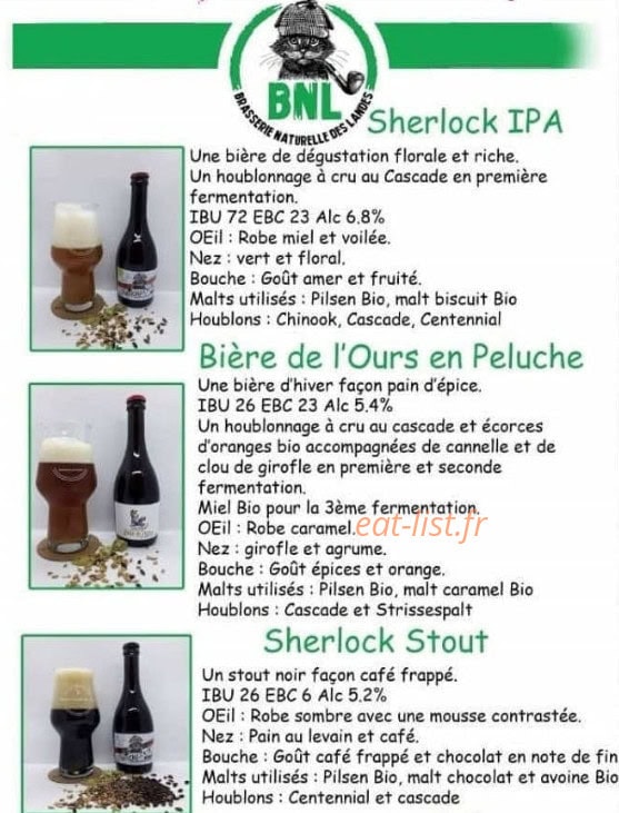 Carte et menu de Brasserie Naturelle des Landes à Lit et Mixe — Les bières de l&amp;#039;ours, Sherlock IPA et Sherlock stouf
