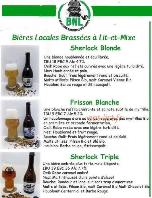 Carte et menu de Brasserie Naturelle des Landes à Lit et Mixe — Sherlock blonde, frisson blanche et Sherlock triple