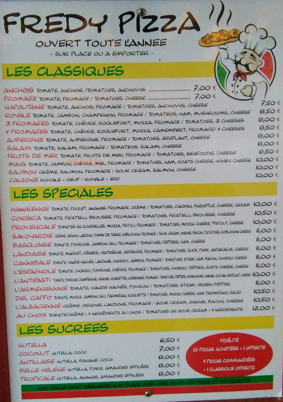 Fredy Pizza — carte page 1