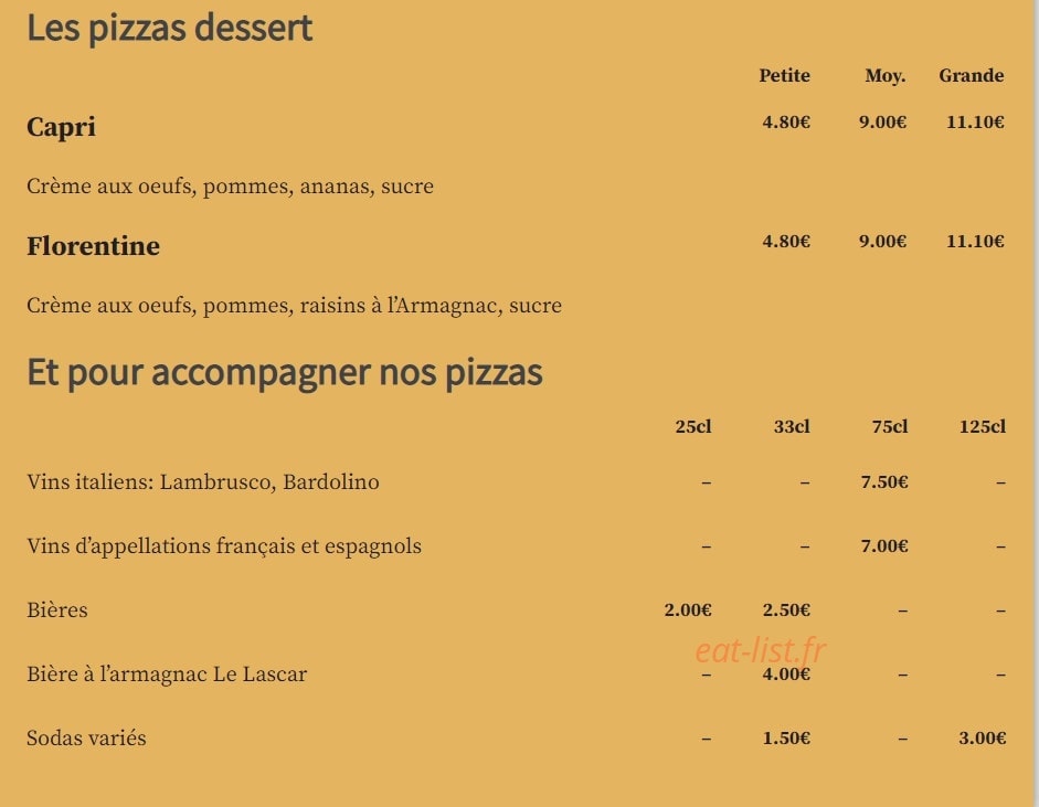 Menu La tour de pizza - Les pizzas desserts et pour accompagner nos pizzas