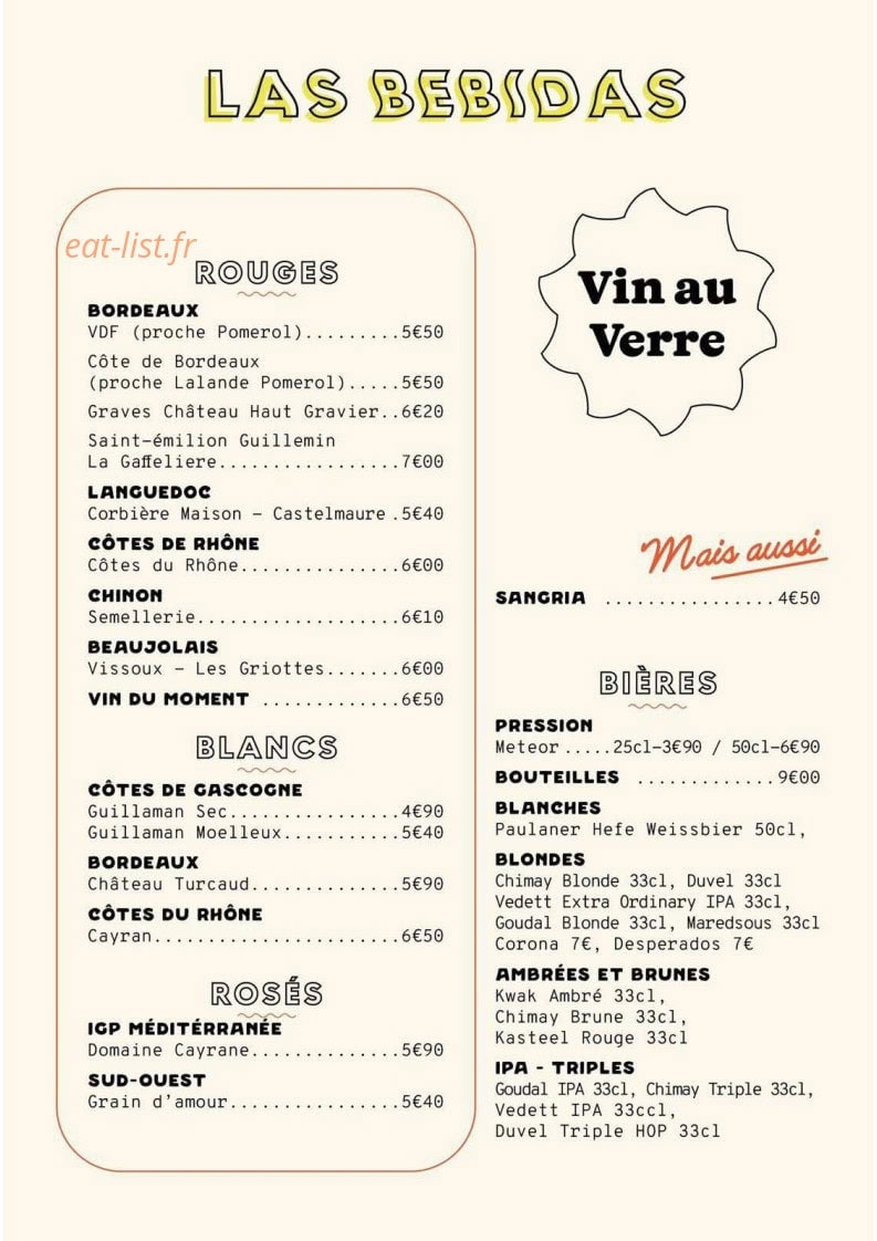 Carte et menu de L'orchestra à Mimizan — Vin au verre et bières
