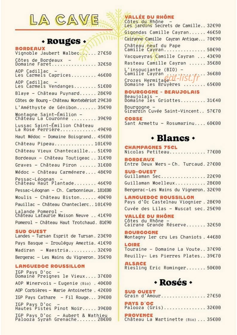 Carte et menu de L'orchestra à Mimizan — Les vins