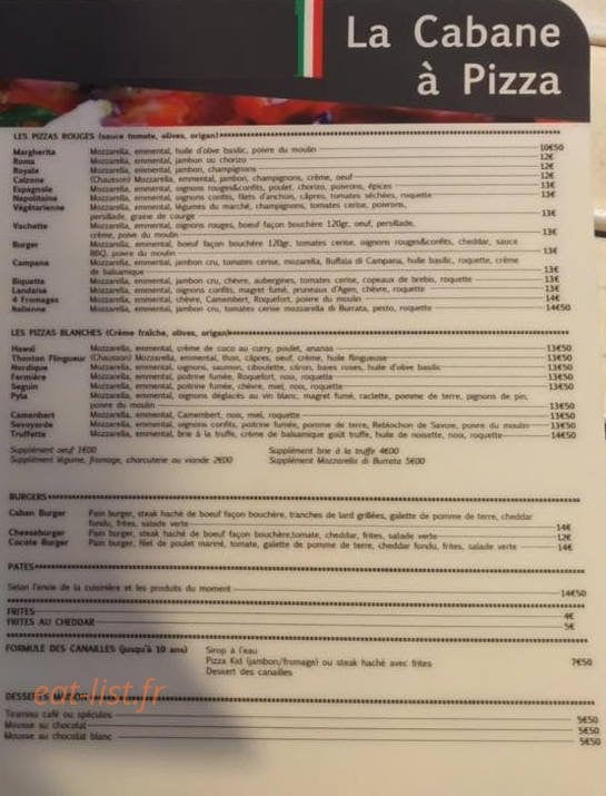 La cabane a pizza — carte page 1