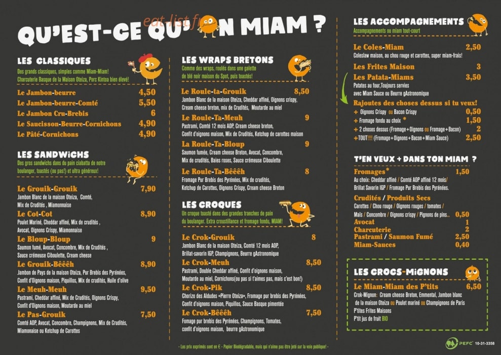 Le Miam-Miam du Spot — carte page 1