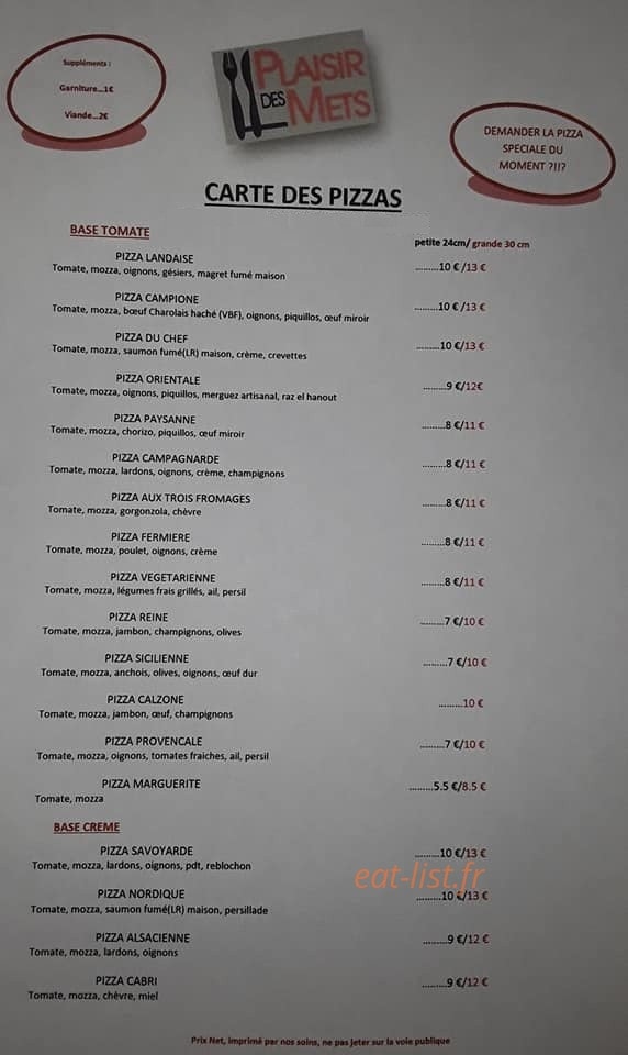 Le Plaisir des Mets — carte page 1