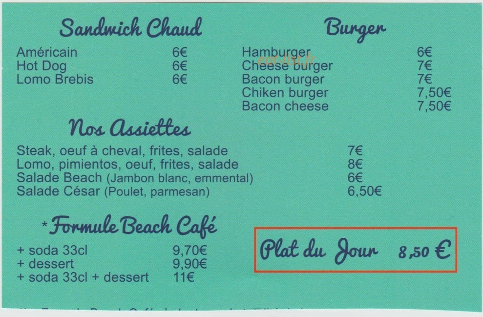 Beach Café — carte page 1