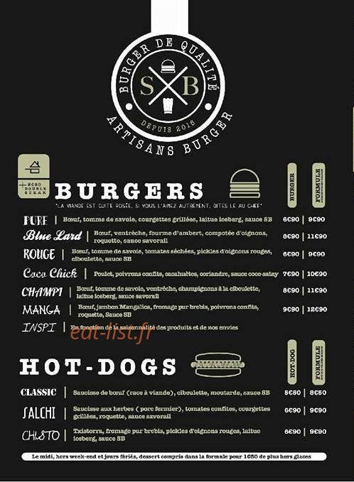 S B Artisans Burger — carte page 1