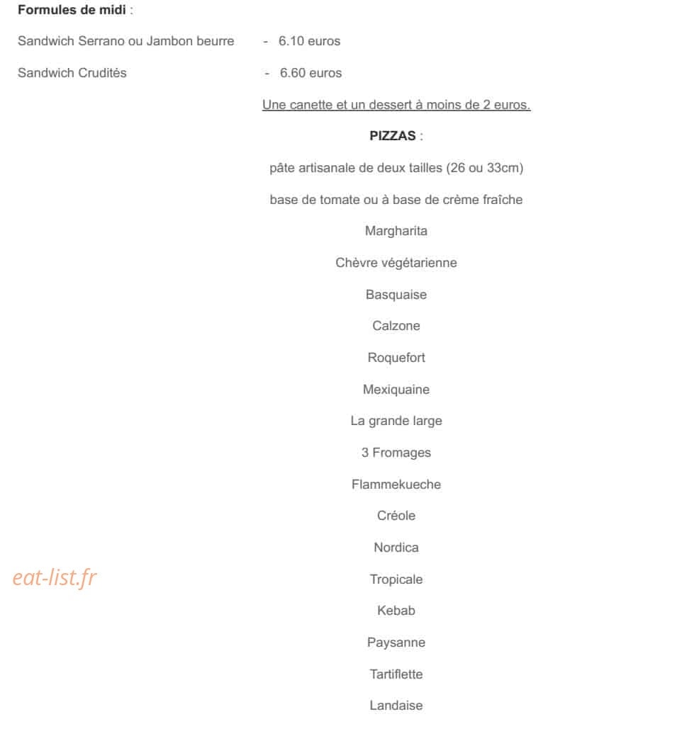 Carte et menu de Le fournil de Saint Geours à Saint Geours de Maremne — les pizzas et formule midi