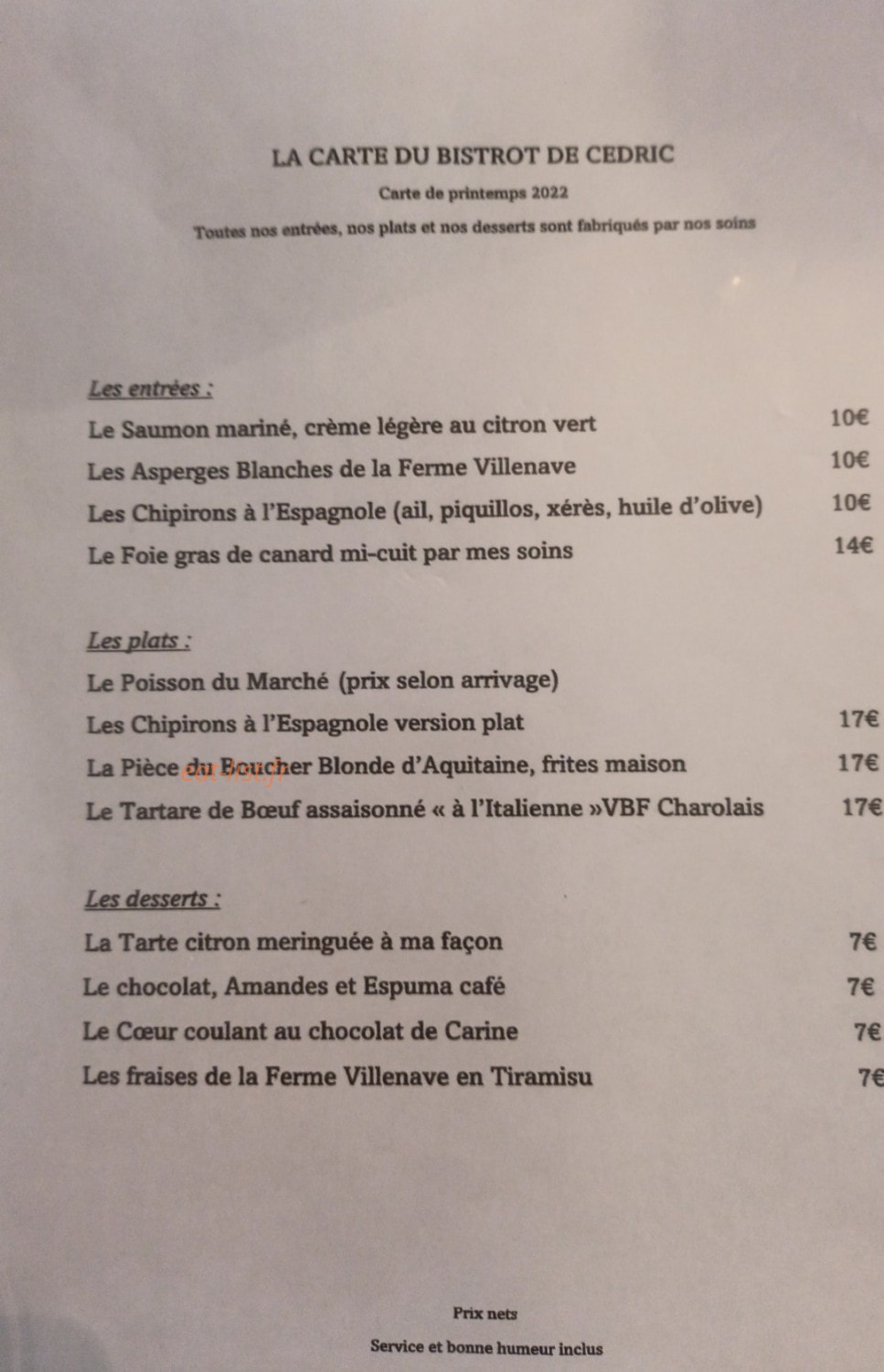Le bistrot de Cédric — carte page 1