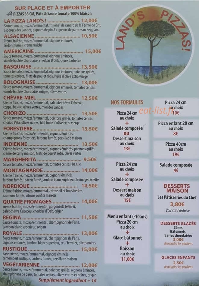 Land's Pizzas — carte page 1