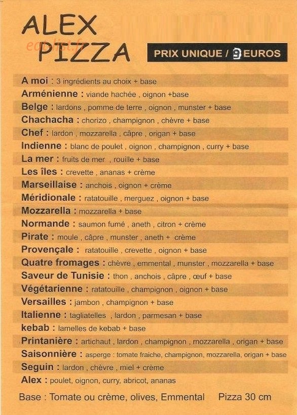 Alex pizza — carte page 1