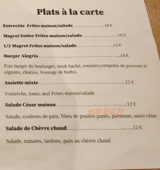 Alegria Bistrot — carte page 2