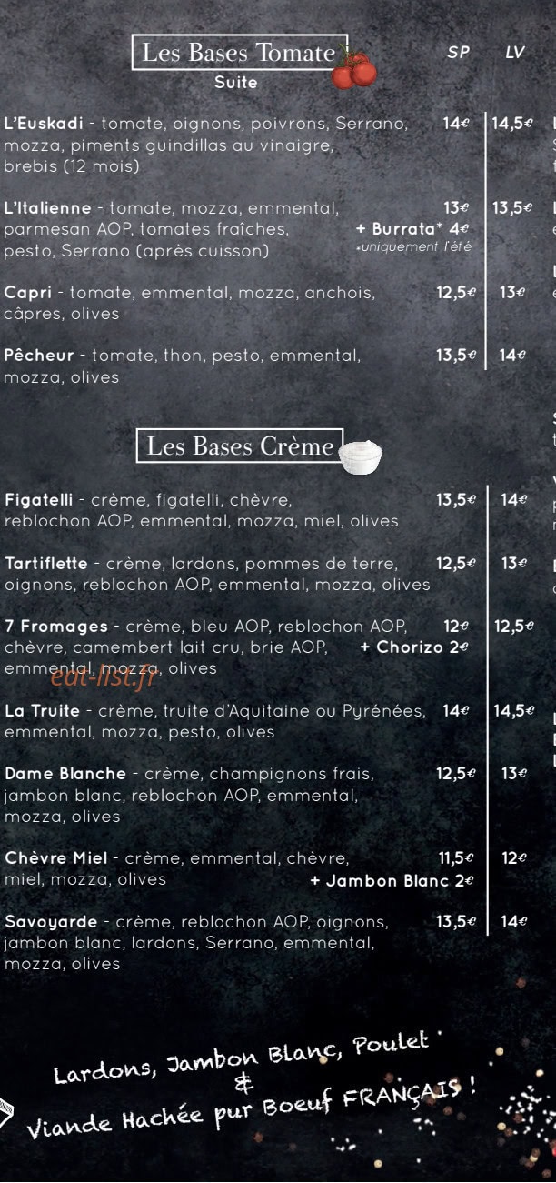 Carte et menu de Entre Amis à Arsague — Bases tomates, bases creme