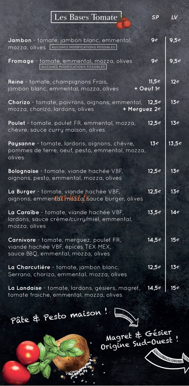 Carte et menu de Entre Amis à Arsague — Bases tomates