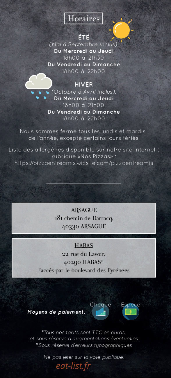 Carte et menu de Entre Amis à Arsague — Les informations