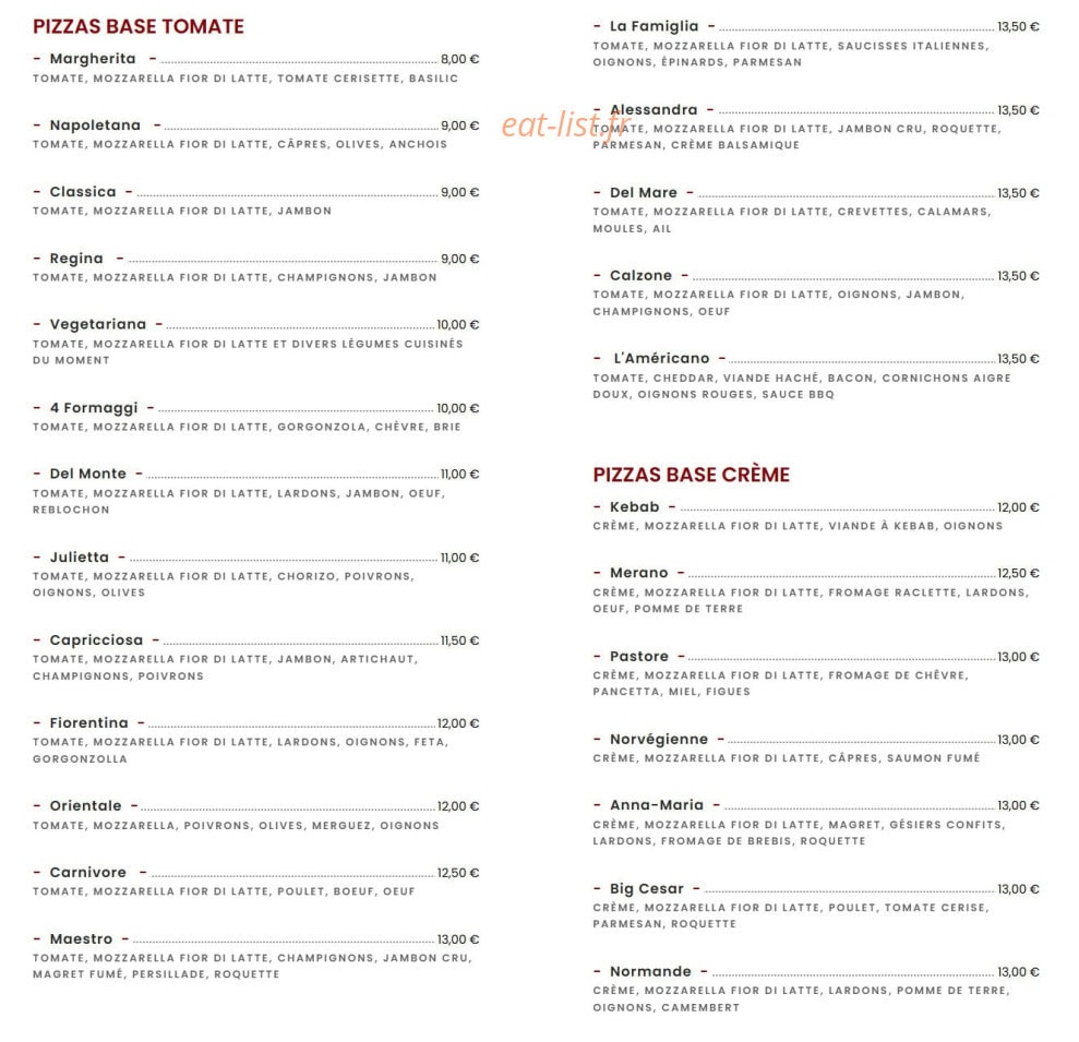 Carte et menu de Pizzeria la Famiglia à Gamarde les Bains — La carte