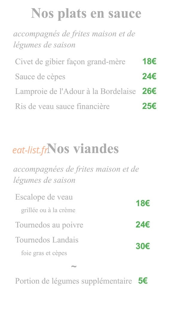 Carte et menu de Aux tauzins à Montfort en Chalosse — les plats et viandes