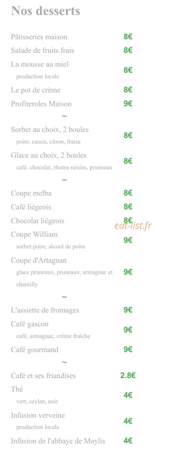 Carte et menu de Aux tauzins à Montfort en Chalosse — les desserts