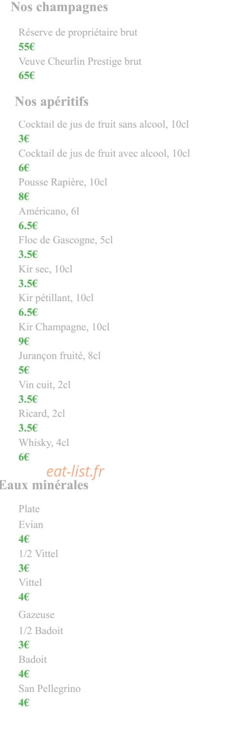 Carte et menu de Aux tauzins à Montfort en Chalosse — les champagnes, apéritif et eaux