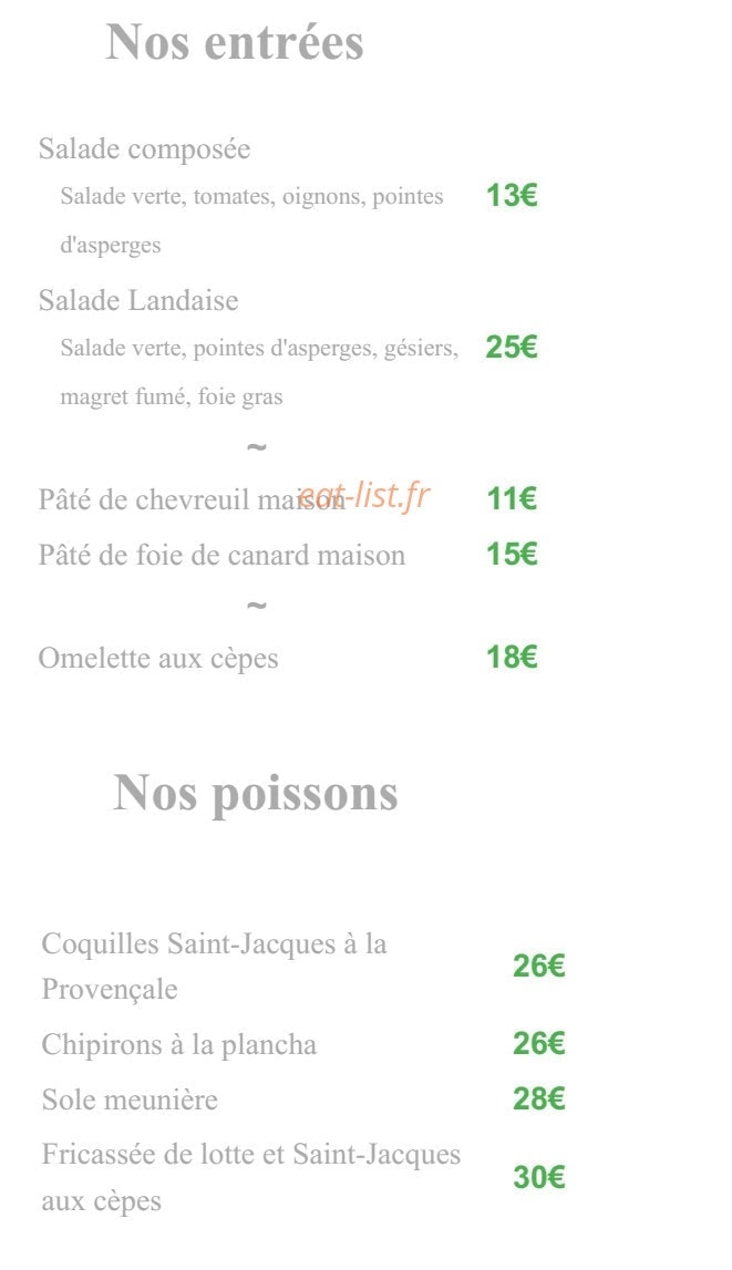 Carte et menu de Aux tauzins à Montfort en Chalosse — les entrées et poissons