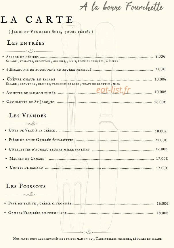 A la Bonne Fourchette — carte page 1
