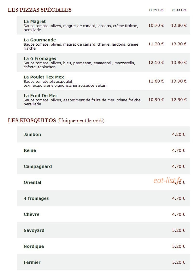 Le Kiosque à Pizzas — carte page 2