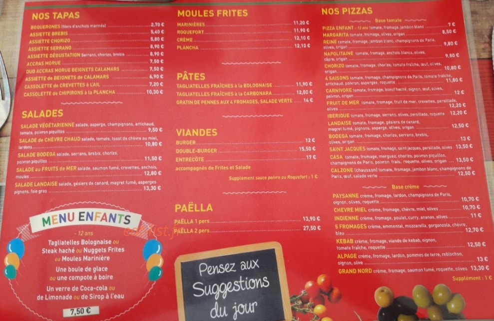 Carte et menu de La casa des pizzas à Vieux Boucau les Bains — La carte