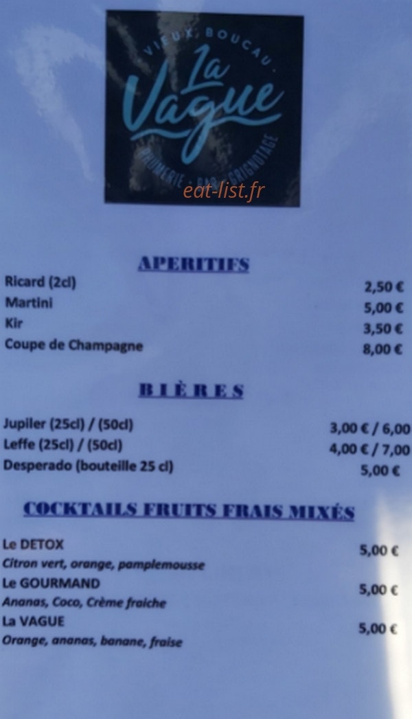 Carte et menu de La Vague Bar Rhumerie Grignotage à Vieux Boucau les Bains — Les apéritifs, blères....
