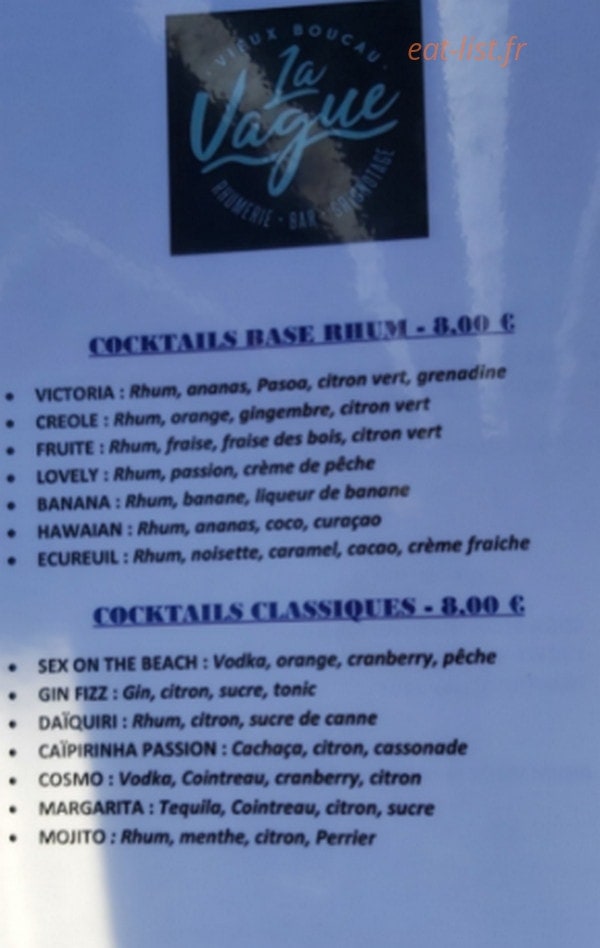 Carte et menu de La Vague Bar Rhumerie Grignotage à Vieux Boucau les Bains — Les cocktails