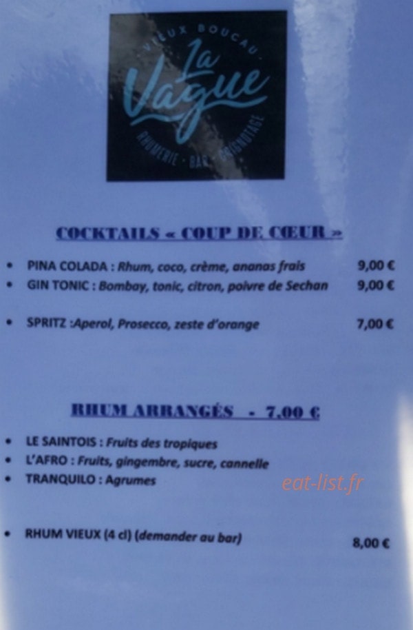 Carte et menu de La Vague Bar Rhumerie Grignotage à Vieux Boucau les Bains — Les cocktails coup du coeur et rhum arrangés