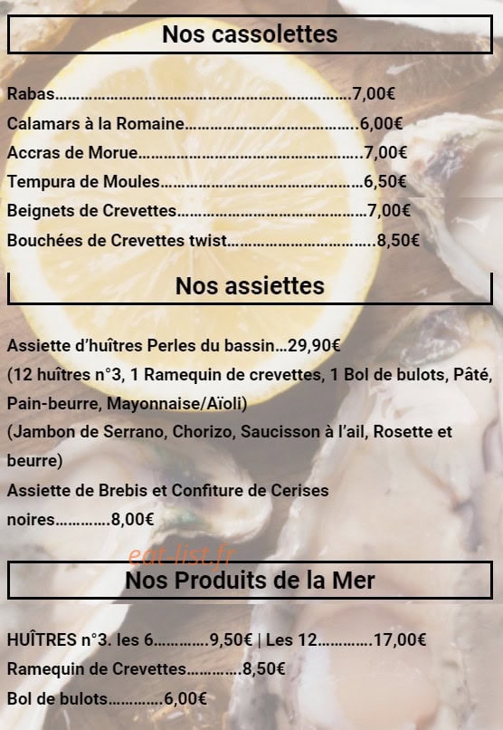 Carte et menu de Les Perles du Bassin à Vieux Boucau les Bains — Les cassolettes, assiettes, ...
