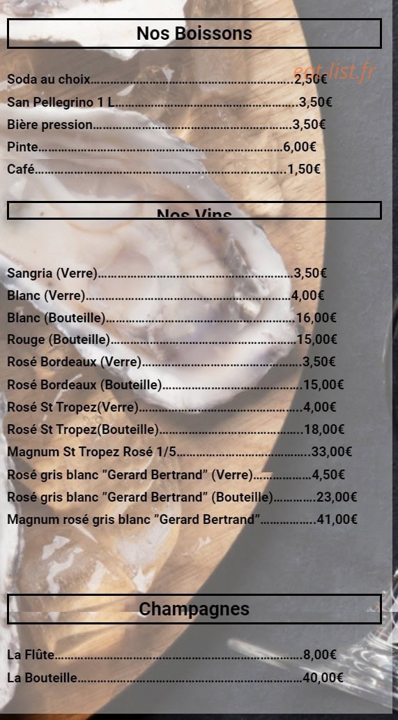 Carte et menu de Les Perles du Bassin à Vieux Boucau les Bains — Les boissons, vins, ...