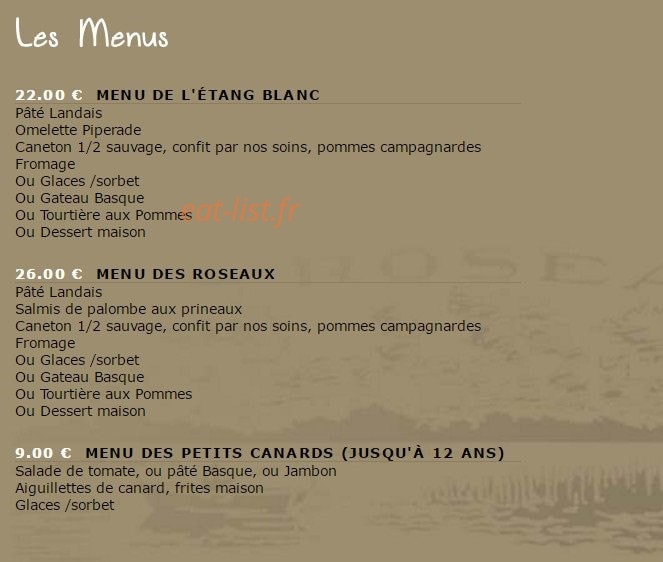 Restaurant Les Roseaux — carte page 1