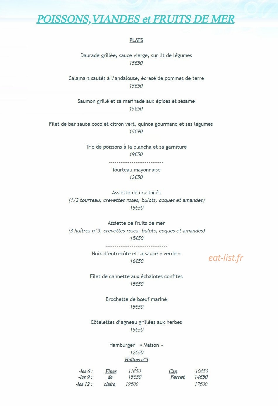 Carte et menu de Restaurant De La mer à Vielle Saint Girons — Les poissons, viandes et fruits de mer
