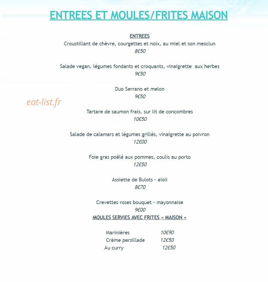 Carte et menu de Restaurant De La mer à Vielle Saint Girons — Les entrées et moules