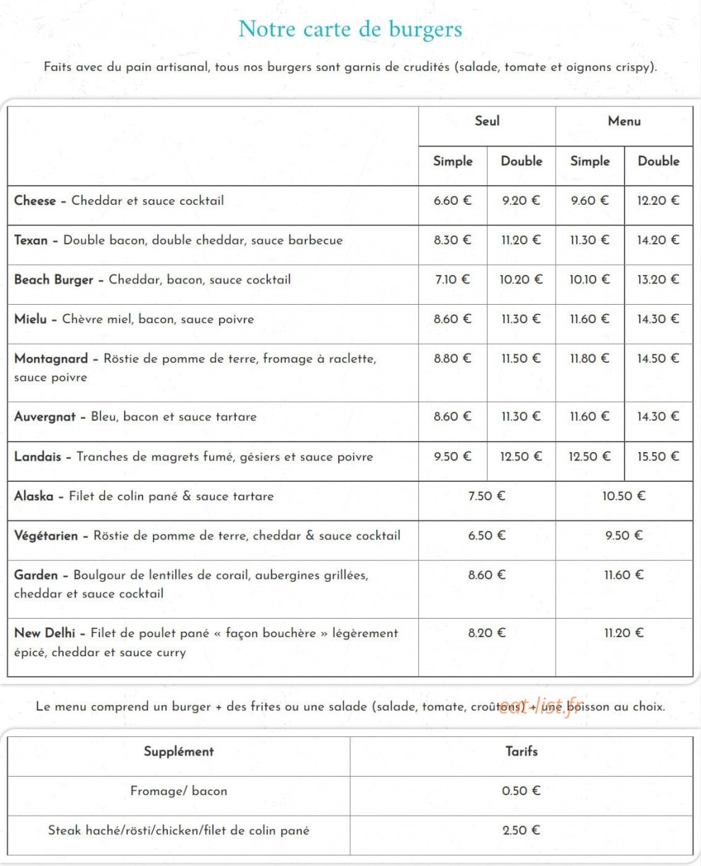 Beach Burger — carte page 1